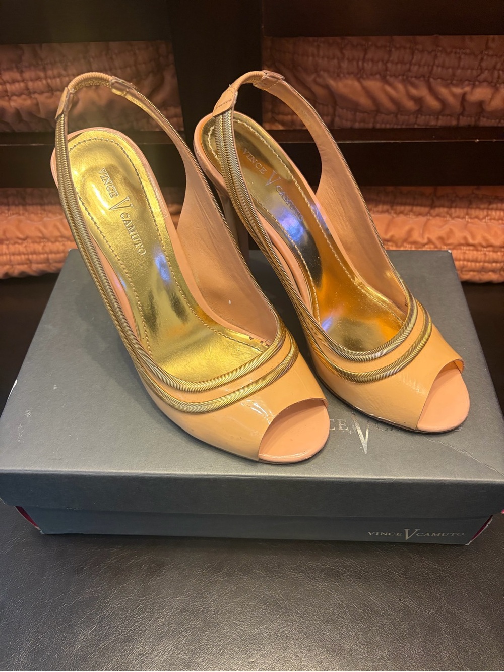 Vince Camuto Peach Patent Peep-Toe Slingback Heels